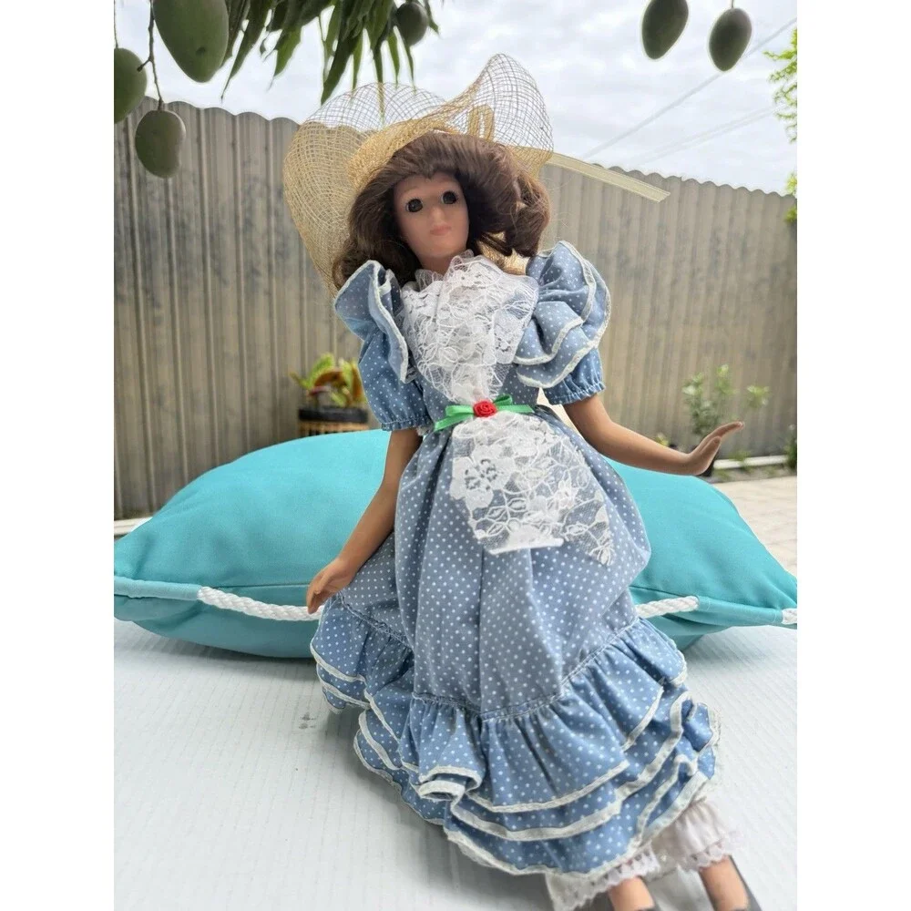 Vintage Porcelain Doll Blue Polka Dot Lace Dress Straw Hat Brunette Display